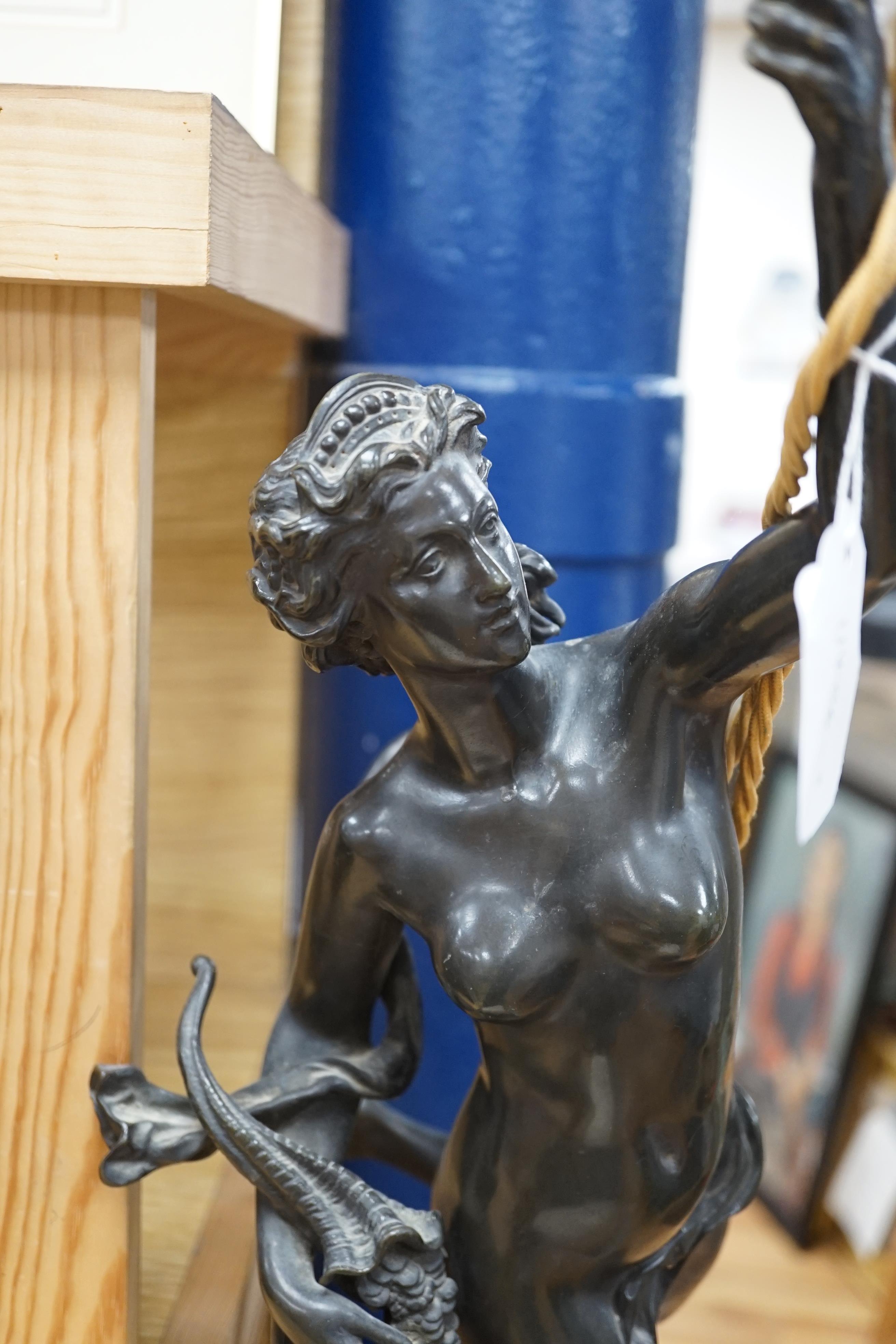 After Giambologna. A bronze model of Fortune mounted as a lamp, 85cm to finger tips